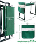 Sturdy Garden Kneeler And Seat With Thick Padded Pad And Tool Pouch, Heavy Duty Foldable Steel Stool, 330 Lb Capacity, dimensions shown.