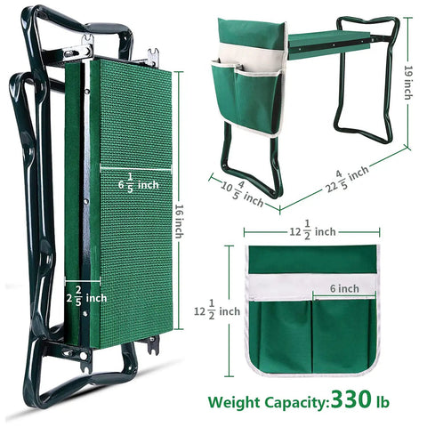 Sturdy Garden Kneeler And Seat With Thick Padded Pad And Tool Pouch, Heavy Duty Foldable Steel Stool, 330 Lb Capacity, dimensions shown.