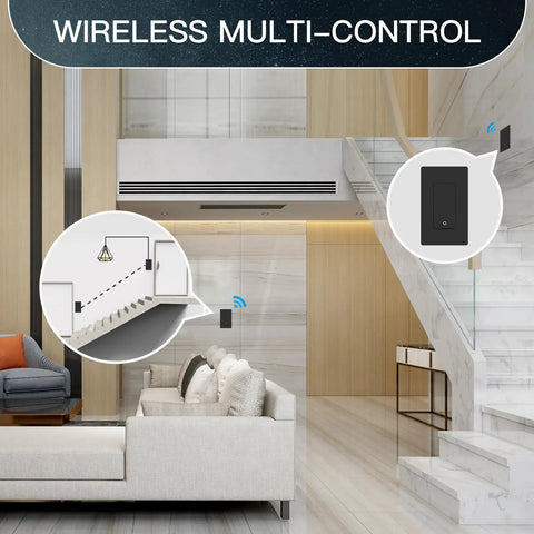 3 Way Smart Light Switch With 2 4Ghz WiFi That Plays Nice With Alexa And Google Home Neutral Wire Required No Hub Needed Single Pole Install Remote Control Via Smart Life App Black 1 Pack shown in modern living room with staircase.