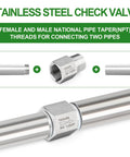 TAISHER stainless steel check valve, 1/2 in NPT male x 1/2 in NPT female, backflow preventer, two pipes shown