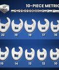 Three Eighths Inch Drive Metric Crowfoot Wrench Set 10 Piece 10 To 22 mm CRV Steel Flare Nut Design For Auto And Plumbing In Tight Spaces With Clip On Organizer Durable Chrome Vanadium Mirror Polished Finish Corrosion Resistant High Torque, 10-22 mm set displayed