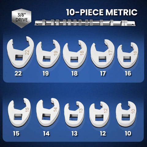 Three Eighths Inch Drive Metric Crowfoot Wrench Set 10 Piece 10 To 22 mm CRV Steel Flare Nut Design For Auto And Plumbing In Tight Spaces With Clip On Organizer Durable Chrome Vanadium Mirror Polished Finish Corrosion Resistant High Torque, 10-22 mm set displayed