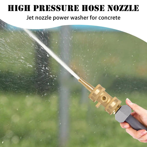 Two Pack Heavy Duty Brass Hose Nozzles With Two Shutoff Valves High Pressure Jet Nozzles Three Quarter Inch GHT Fittings spraying water