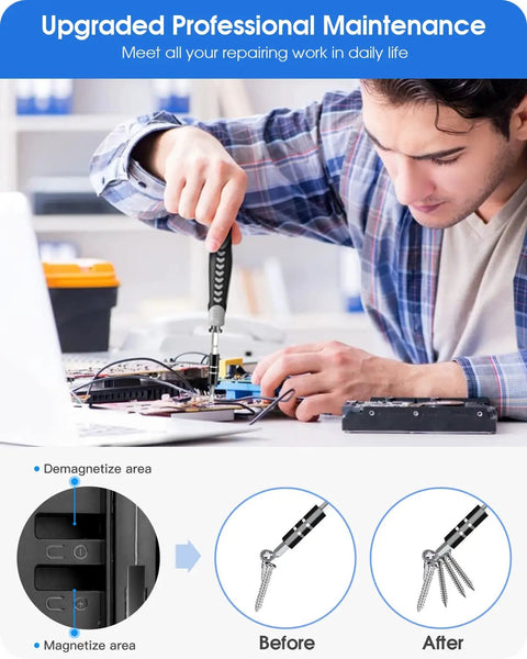 Person using All In One 130 In 1 Pro Grade Magnetic Screwdriver Set With 120 Bits and Tweezers for computers repair