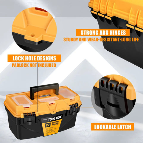 Close-up of 15-inch Two Piece Portable Plastic Tool Box Set With Removable Tray, highlighting strong ABS hinges and lockable latch.