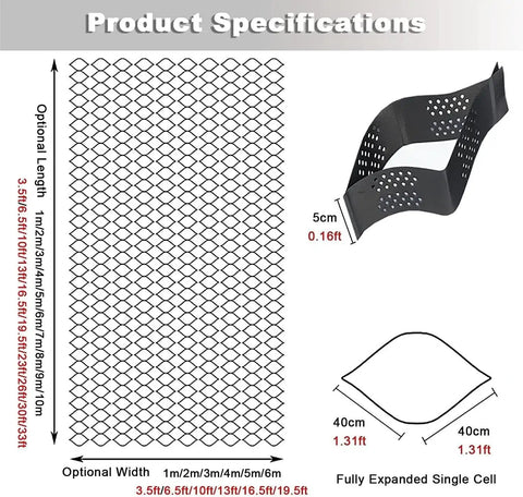 Diagram showing Heavy Duty Ground Grid For Driveway Stabilization And Slope Landscaping Honeycomb Drainage Grid dimensions.