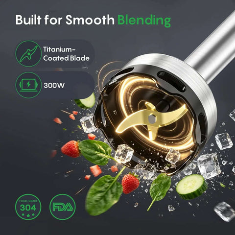 Powerful Immersion Hand Blender With Trigger Variable Speed For Precise Blending crushes ice and purees ingredients with titanium-coated blade.