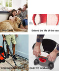 Collage showing 5 Pack Replacement Filter Bags For 5 To 8 Gallon Vacuums Type E White with usage examples and installation guide