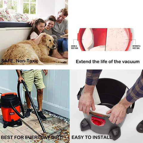 Collage showing 5 Pack Replacement Filter Bags For 5 To 8 Gallon Vacuums Type E White with usage examples and installation guide