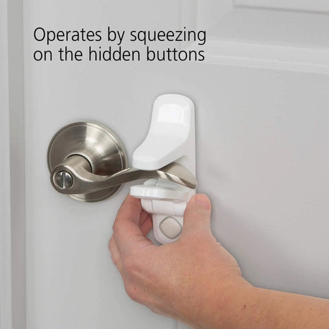 Hand activating OutSmart Lever Handle Lock 4 Pack White Kid Safe Kidproof Lock For Lever Handles With Hidden Buttons And Decoy Button.