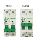 Front view of Go-To DC Miniature Circuit Breaker 2 Pole 32 Amp 250V to 500V DC Din Rail Mount With Thermal Magnetic Trip DZ47-63 C32 2P, shown open and closed.