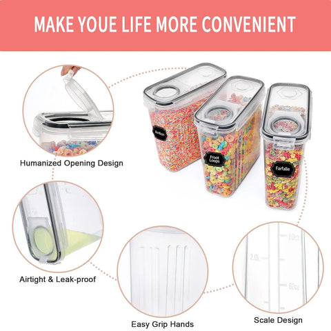 Six Piece Large Airtight Food Storage Containers With Lids 4L Cereal Canisters For Pantry Organization Includes 20 Labels And Marker Leak Proof Durable Black Set For Flour Sugar Rice Nuts Snacks Pet Food And More showing multicolored contents and design features