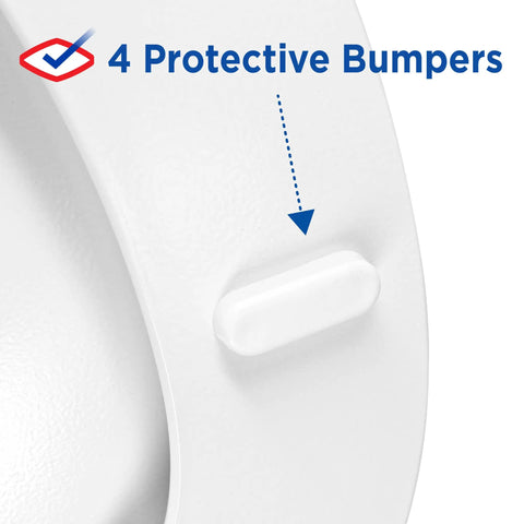 Close-up of Round Wood Toilet Seat With Easy Off Hinges, Wiggle Free Design, and Antimicrobial Protection showing protective bumpers.