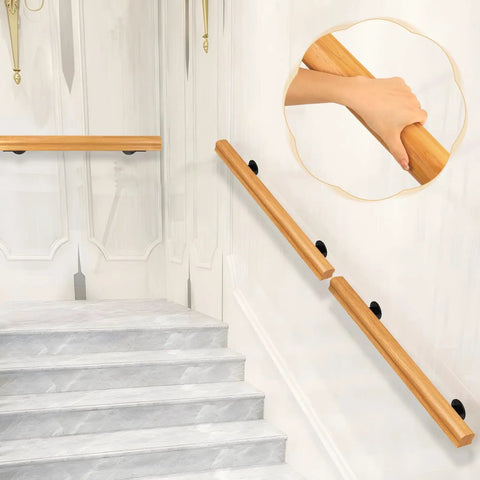 Wall Mounted Indoor Stair Railing Solid Pine Wood Handrail Heavy Duty Grab Bar With Non Slip Grip. Secure grip on staircase.