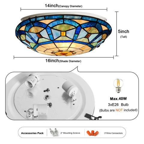 Three Light Tiffany Style Ceiling Fixture, 16 Inch Stained Glass Flush Mount for Bedroom, Dining Room, Living Room
