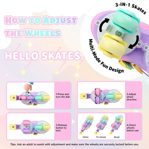 How to adjust wheels on 3 In 1 Convertible Kids Roller Skates With Light Up Wheels Hard Shell Boots Quad Inline And Tri Modes