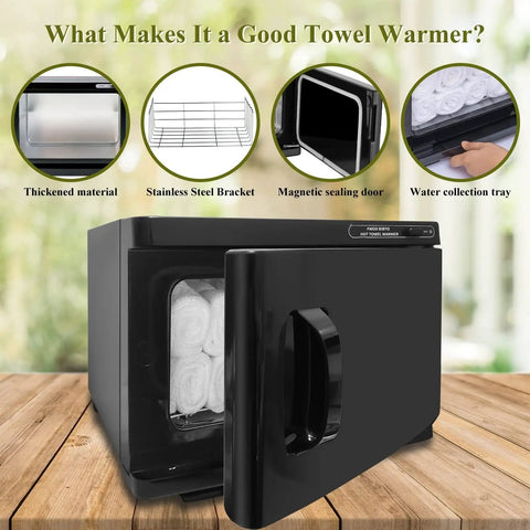 Pro 8L Towel Warmer For Salon And Spa with open magnetic door showing white towels inside, highlighting durability and features.