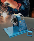Built Tough Cast Iron Welding Rotary Turntable Workbench With Foot Switch Portable Desktop Positioner, motor and controls visible.
