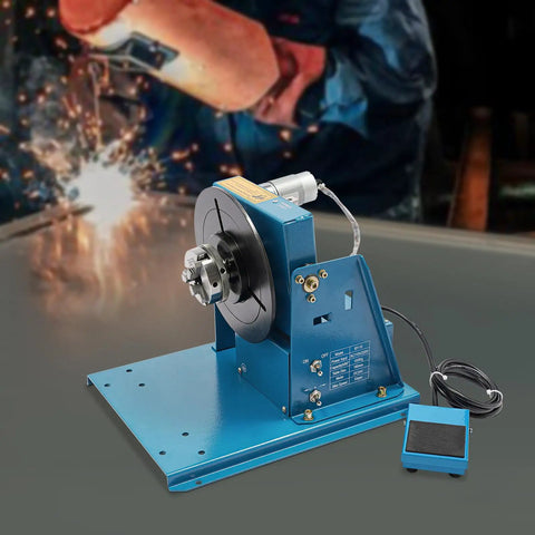 Built Tough Cast Iron Welding Rotary Turntable Workbench With Foot Switch Portable Desktop Positioner, motor and controls visible.