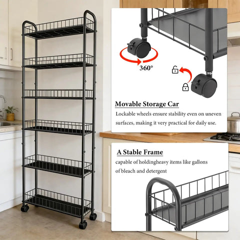 Slim Rolling Storage Cart With Wheels, 6-Tier Narrow Black Shelf On Casters, Space Saving Organizer for Kitchens