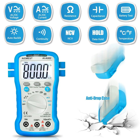 Go-To All-In-One 6000 Counts TRMS Digital Multimeter with Auto Ranging and features, blue design with anti-drop case.