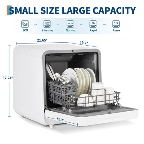 Plug And Play Portable Countertop Dishwasher With Zero Plumbing, Features Built-In Water Tank, showing dish rack and plates inside.