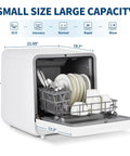Plug And Play Portable Countertop Dishwasher, Zero Plumbing Hassle, dual hose hookups, and clean dishes in a compact design.