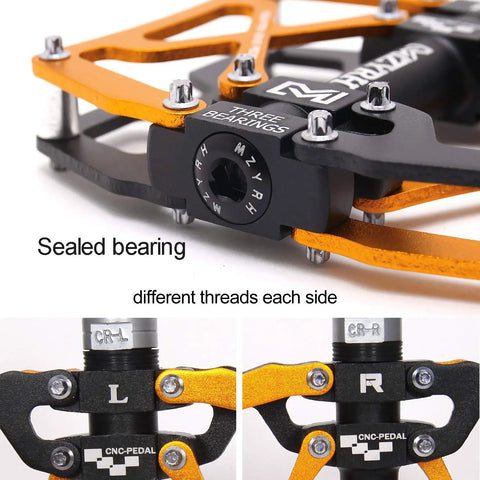 Close-up of Nine Sixteenths Inch Mountain Bike Pedals with CNC Machined Body, highlighting sealed bearing and anti-slip pins.