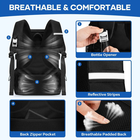 Leakproof Insulated Backpack Cooler For 33 Cans Soft Cooler Bag With Lightweight Comfort Perfect For Camping Beach Tailgate Lunch And Day Trips 23L Black showing features like bottle opener and reflective stripes.