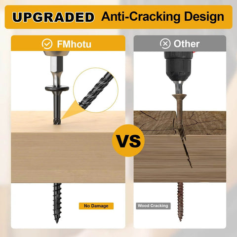 Comparison of FMhotu anti-cracking design with traditional screws in wood, highlighting structural integrity.