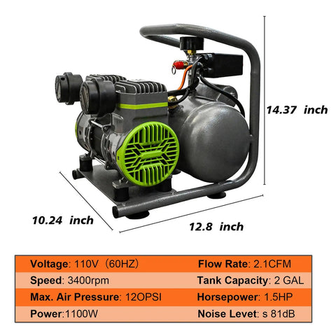This Bad Boy Portable Electric Air Compressor Is A Total Game Changer For Your Shop Or Garage. With 1.5 Horsepower And 110 Volt Power Plug, This Unit Delivers Serious Pounds Per Square Inch Pressure Without The Noise Pollution. The Two Gallon Steel Tank