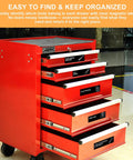 Red tool chest with open drawers labeled using Magnetic Toolbox Labels Set Of 90 For Quick Organization 3.5 By 1 Inch Large Stickers