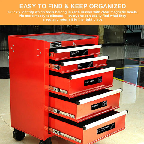Red tool chest with open drawers labeled using Magnetic Toolbox Labels Set Of 90 For Quick Organization 3.5 By 1 Inch Large Stickers