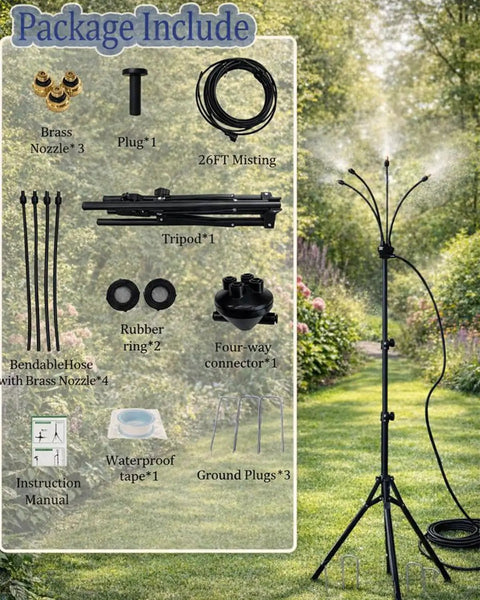 Outdoor Misting System With Adjustable Stand And 360° Flexible Hose Ultra Fine 0.5mm Nozzles For Patio Cooling Backyard Oasis Poolside And BBQ Includes 26Ft Hose And Tripod components laid out on grass.