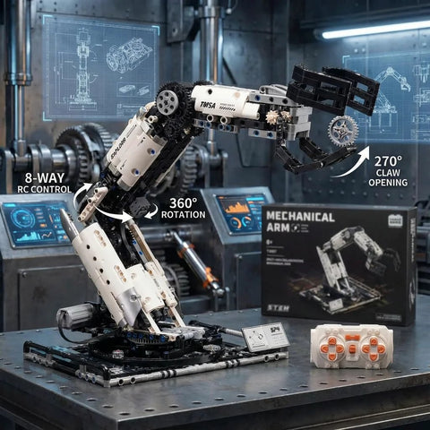 STEM robotic arm building kit with remote control and programmable app, 8-direction movement, white and gray components