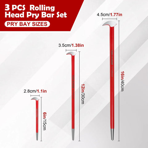 Rolling Head Pry Bar Set 6 Inch, 12 Inch, 16 Inch Heavy Duty Hand Tools for Garages and Machinery Alignment and Prying, Red