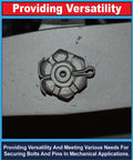 Front view of a rosette-style stainless steel cotter pin clip with a central hole and wire loop
