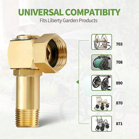 Premium Brass Garden Hose Reel Swivel Elbow Connector Kit, 3/4 Inch GHT To 1/2 Inch NPT Adapter With Spare Gasket And Seal Rings For Solid Lawn Sprinkler Repairs That Actually Hold Up Without Dripping. brass swivel adapter for Liberty Garden hose reels