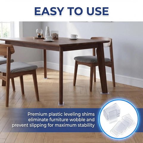 10 Pack Adjustable Furniture Levelers And Flexible Shims To Knock Out Pesky Wobbles On Couches Tables And Uneven House Floors With Strong Nonslip Grip Design, clear leveling shims under a wooden table.