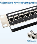 1U 24 Port Cat6A Patch Panel With Inline Keystone, Cable Management Bar, STP Shielding, shown with RJ45 couplers