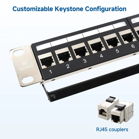 1U 24 Port Cat6A Patch Panel With Inline Keystone, Cable Management Bar, STP Shielding, shown with RJ45 couplers