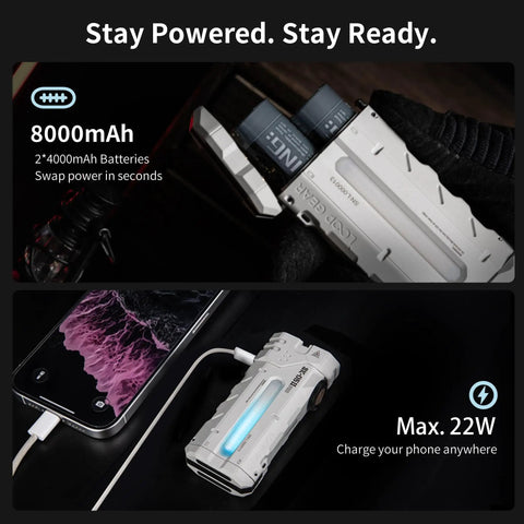 Pro 2 Mao Flat EDC Flashlight Hella Bright 5000 Lumen Turbo Power shown with replaceable 4000mAh batteries and USB charging.