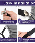 Instructions for Bed Sheet Straps For Full Size Bed Six Piece Set With Adjustable Elastic Clips To Secure Fitted Sheets In Corners.