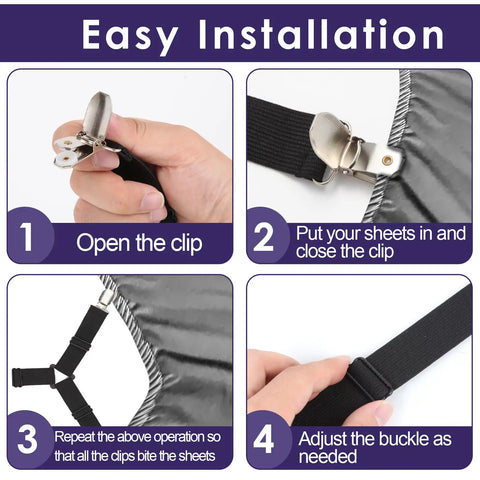 Instructions for Bed Sheet Straps For Full Size Bed Six Piece Set With Adjustable Elastic Clips To Secure Fitted Sheets In Corners.