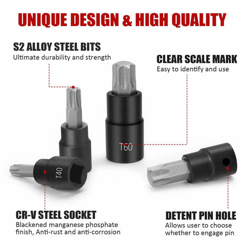 13 Piece Torx Bit Socket Set For 1/4 Inch, 3/8 Inch, And 1/2 Inch Drives T8 To T60 With S2 Steel Bits and CR-V Sockets