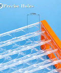 Close-up of three piece plastic test tube rack with fifty holes showing 18.7 mm diameter clear acrylic lab rack with orange edge