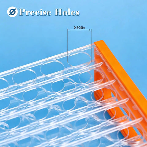 Close-up of three piece plastic test tube rack with fifty holes showing 18.7 mm diameter clear acrylic lab rack with orange edge