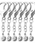 Six silver metal turn-pin keychain connectors with linked chains and round disc ends.