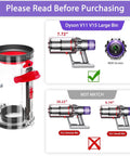 Diagram showing upgraded dust bin replacement for Dyson V11 V15 with dimensions and model compatibility comparison