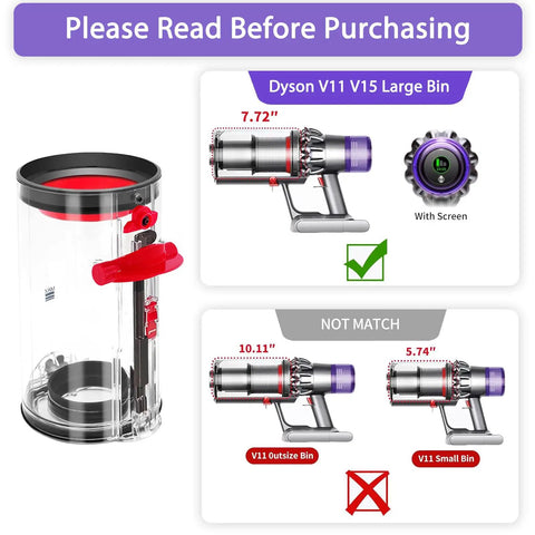 Diagram showing upgraded dust bin replacement for Dyson V11 V15 with dimensions and model compatibility comparison